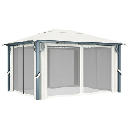 manoga EU | 3070335 Pavillon mit Vorhängen & LED-Lichterkette 400x300 cm Creme Alu